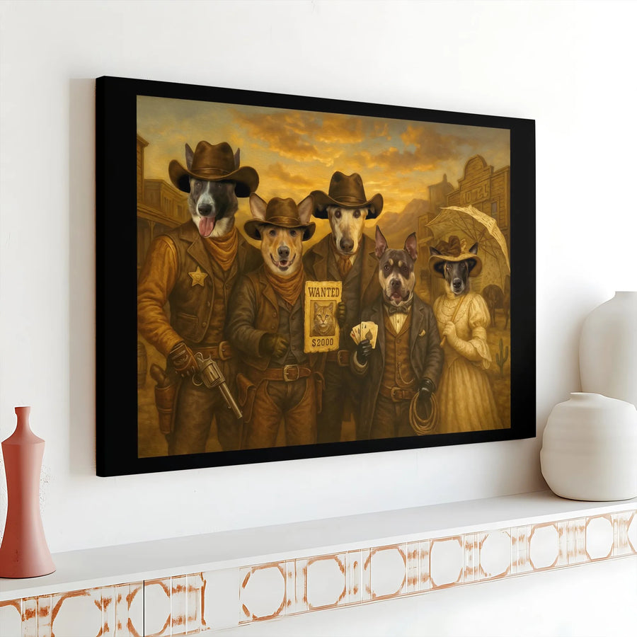 Cowboy Dog Western Wall Art | Vintage Old West Cowboy Pets Poster | Premium Stretched Gallery Canvas | Unique Man Cave Decor Gift
