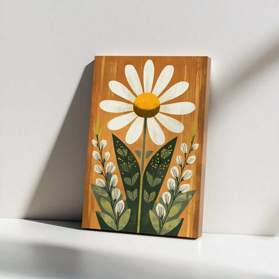 Daisy Flower Wall Art | Mid-Century Modern Folk Botanical Print | Premium Gallery Wrapped Canvas | Minimalist Nature Home Decor Gift