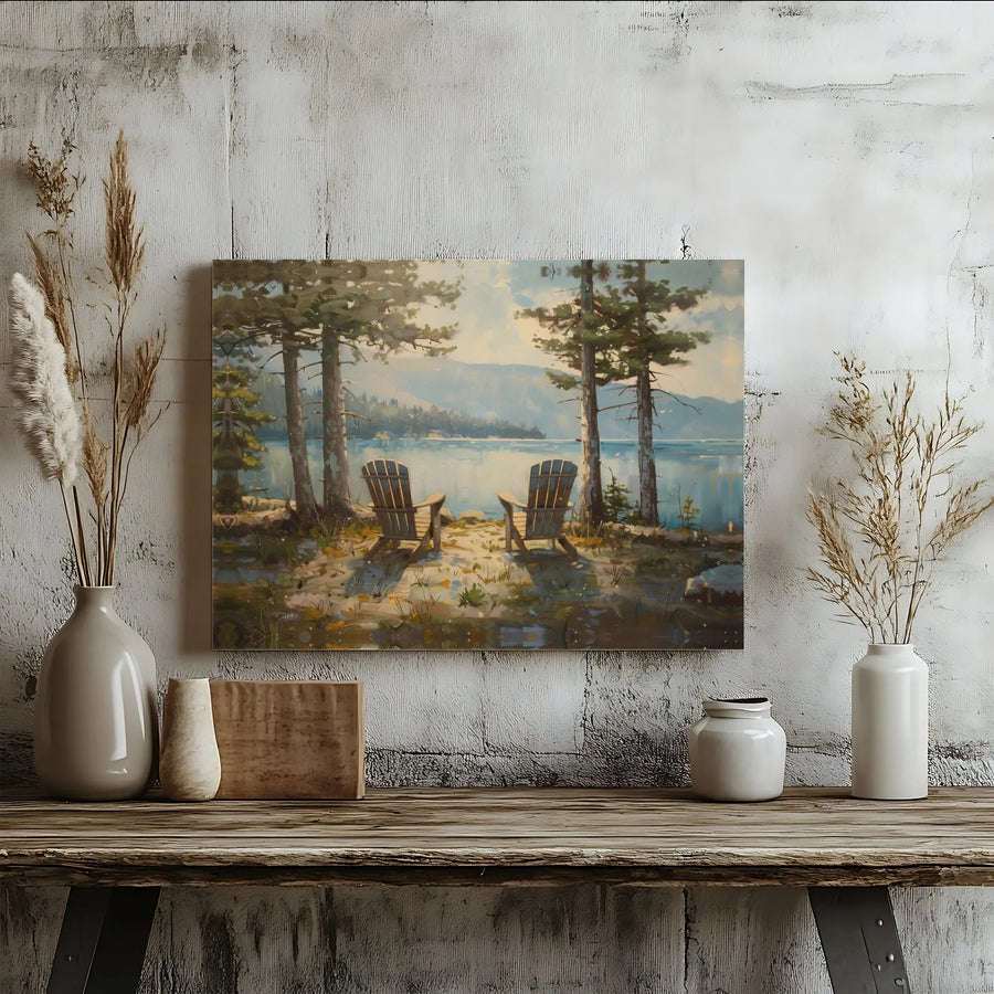 Lake House Wall Art | Adirondack Chairs Lakeside Scenery | Premium Gallery Wrapped Canvas | Peaceful Nature Decor for Living Room
