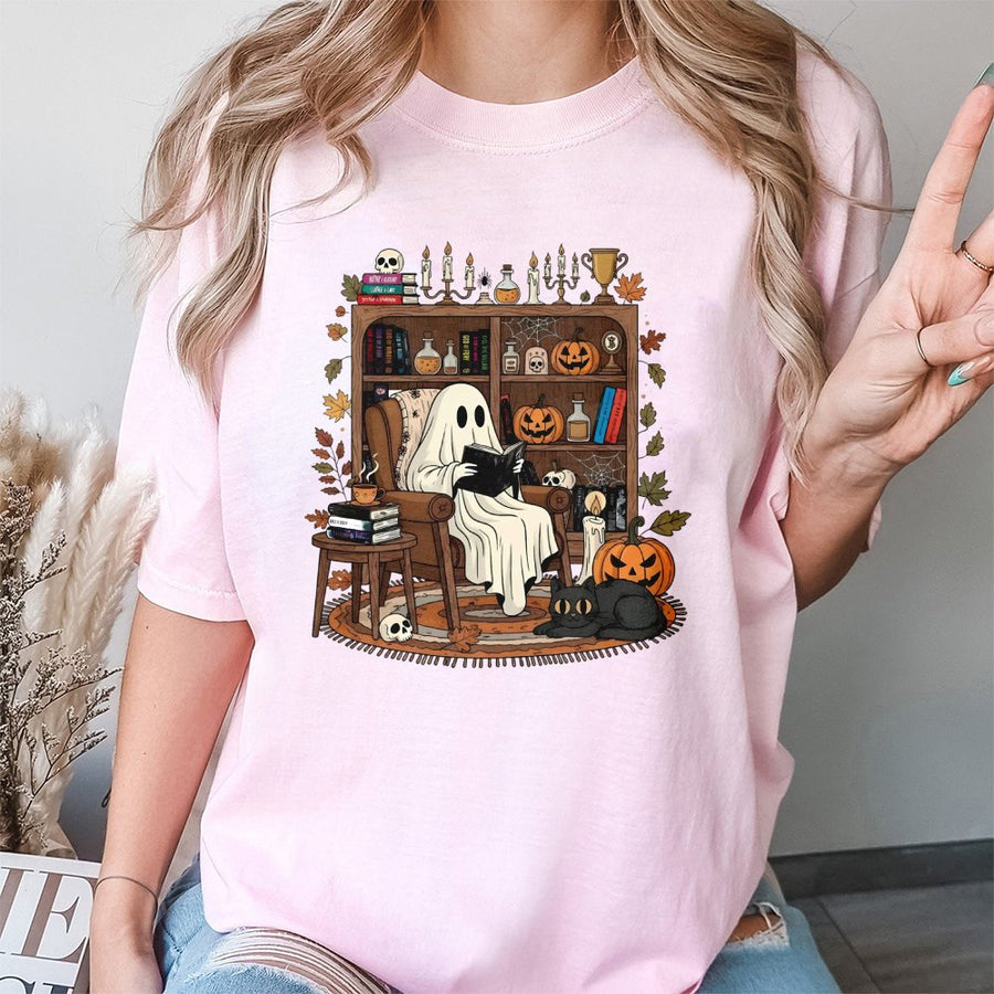 Cozy Ghost Reading T-Shirt | Spooky Bookshelf Librarian Design | Soft 100% Cotton Premium Tee | Halloween Book Lover Gift for Women