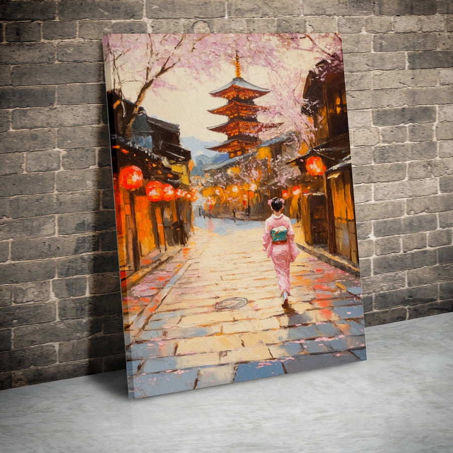 Japanese Cherry Blossom Canvas Print | Painterly Kyoto Street Scene with Pagoda | Premium 1.25" Thick Gallery Wrap | Wall Art Gift for Japan Lover