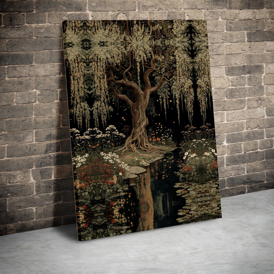 Enchanted Willow Tree Canvas Print | Moody Dark Academia Wall Art | Premium Botanical Illustration | Vintage Cottagecore Home Decor Gift