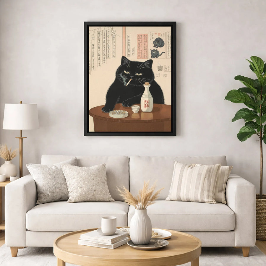 Japanese Black Cat Art Canvas | Smoking Cat Ukiyo-E Wall Decor | Premium Gallery Wrap Print | Unique Gift for Cat Lovers & Otaku