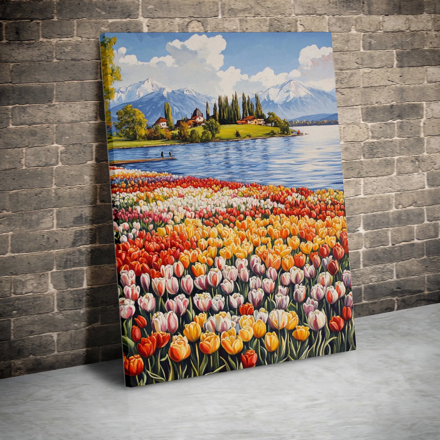 Tulip Field Vertical Canvas | Colorful Floral Landscape Painting with Mountain Lake | Premium Thick Gallery Wrap | Living Room Wall Art & Housewarming Gift