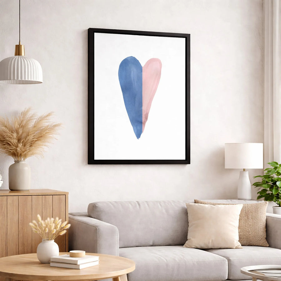 Watercolor Split Heart Canvas Wall Art | Blue and Pink Minimalist Decor | 1.25 Inch Gallery Wrap | Premium Nursery or Bedroom Gift