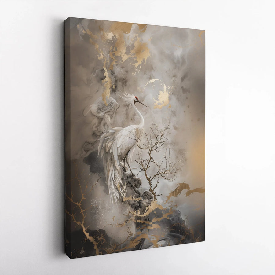White Crane Canvas Art | Gold Moon Japanese Ink Wash Painting | Premium Gallery Wrap Wall Decor | Elegant Minimalist Home Gift