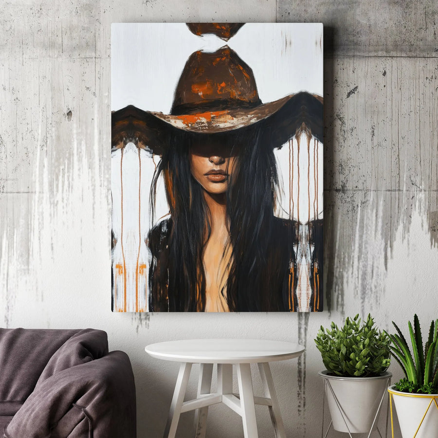 Abstract Cowgirl Canvas Wall Art | Mysterious Western Woman Portrait | Premium Gallery Quality Print | Modern Farmhouse Living Room Decor Gift