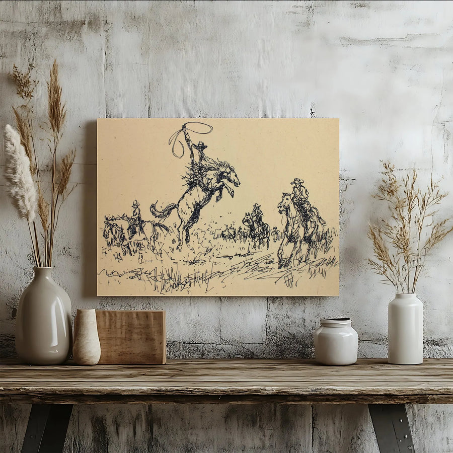 Cowboy Bucking Bronco Canvas Wall Art | Western Rodeo Sketch Print | Premium Fade-Resistant Canvas | Gift for Rancher & Rustic Home Decor