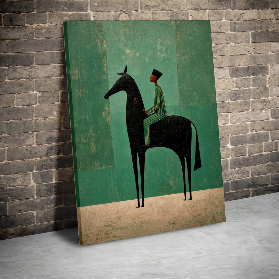 African Art Equestrian Vertical Canvas | Stylized Black Horse & Rider | Premium Gallery Wrapped Print | Modern Minimalist Wall Decor Gift