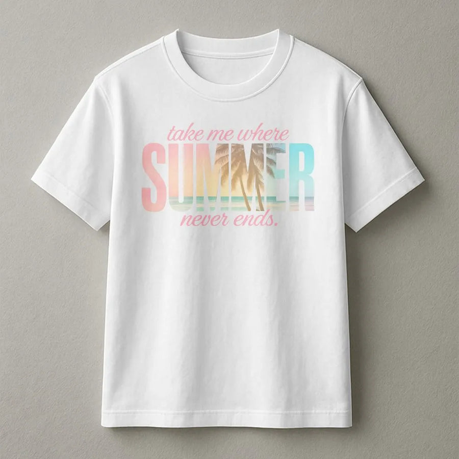 Summer Never Ends T-Shirt | Coastal Aesthetic Palm Tree Graphic | Premium Cotton Blend | Gift for Beach Lover