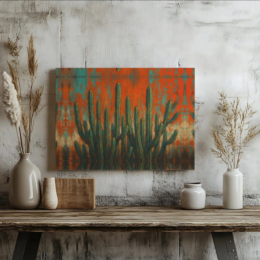 Abstract Cactus Canvas Wall Art | Teal and Rust Desert Landscape | Premium 1.25-Inch Gallery Wrap | Southwestern Home Decor Gift