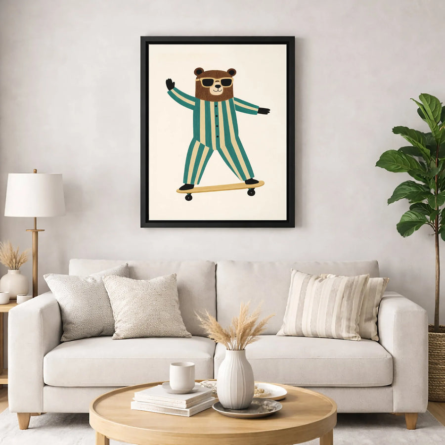 Skateboarding Bear Wall Art | Cool Bear in Pajamas Graphic Print | Premium 1.25-Inch Gallery Canvas | Nursery Decor or Kids Room Gift