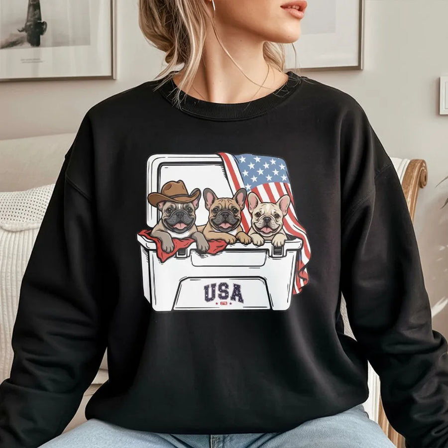 Patriotic French Bulldog Sweatshirt | USA Flag Cooler Graphic Sweatshirt | Soft Cotton Blend | America 250th Anniversary Gift for Dog Lover