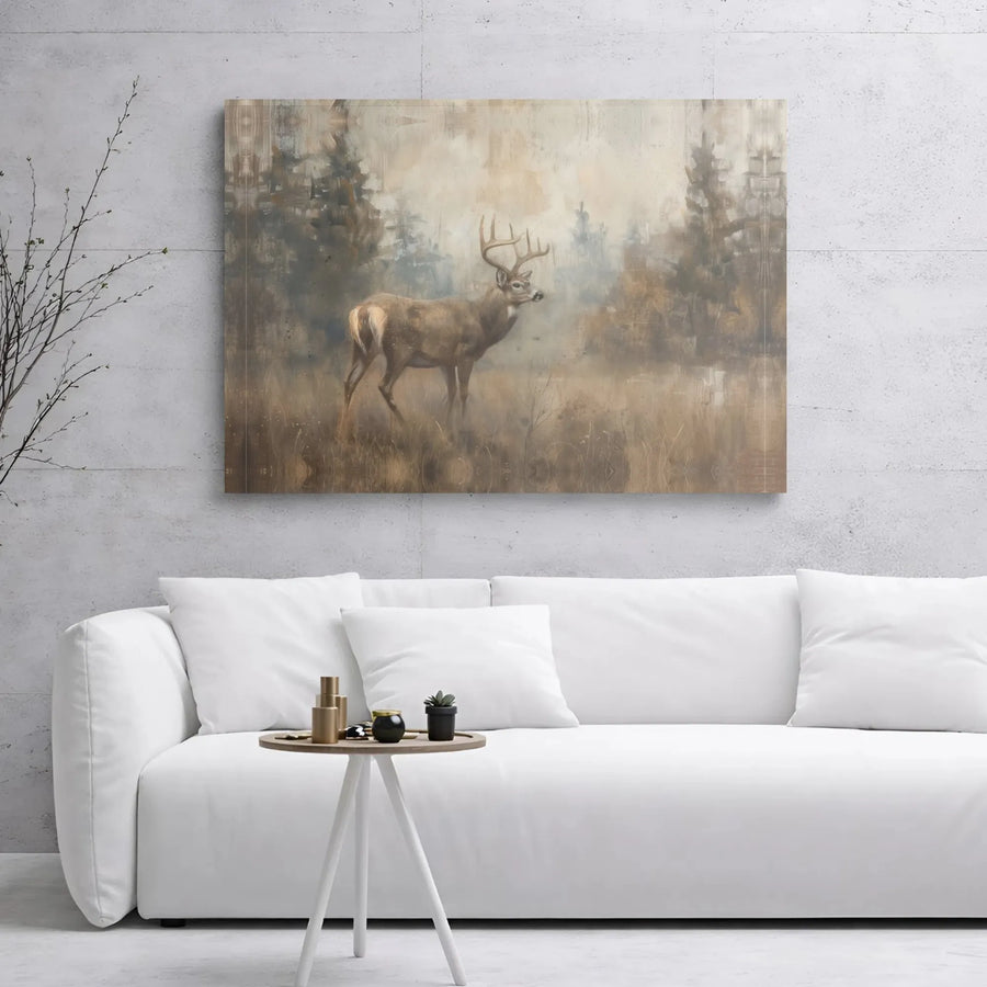 Whitetail Deer Canvas Wall Art | Rustic Misty Forest Painting | Premium Gallery Wrapped Decor | Nature Lover Hunter Gift