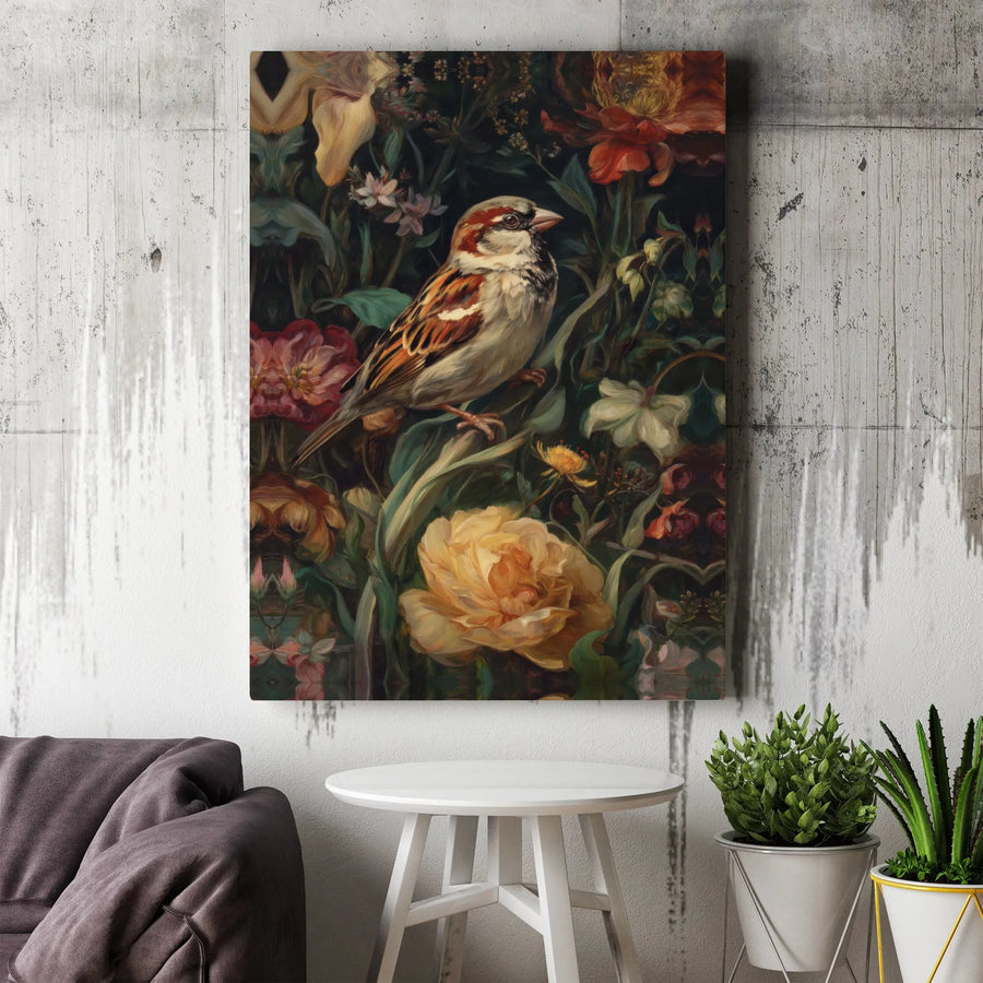 Sparrow Canvas Wall Art | Moody Floral Garden Botanical Print | Premium Gallery Wrap Decor | Nature Lover Gift for Home Office
