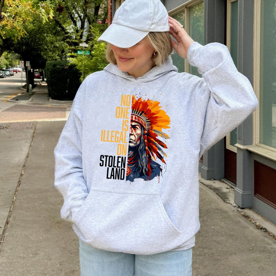 No One Is Illegal On Stolen Land Hoodie | Indigenous Rights Graphic Art | Premium Cotton-Blend Sweatshirt | Social Justice Activist Gift