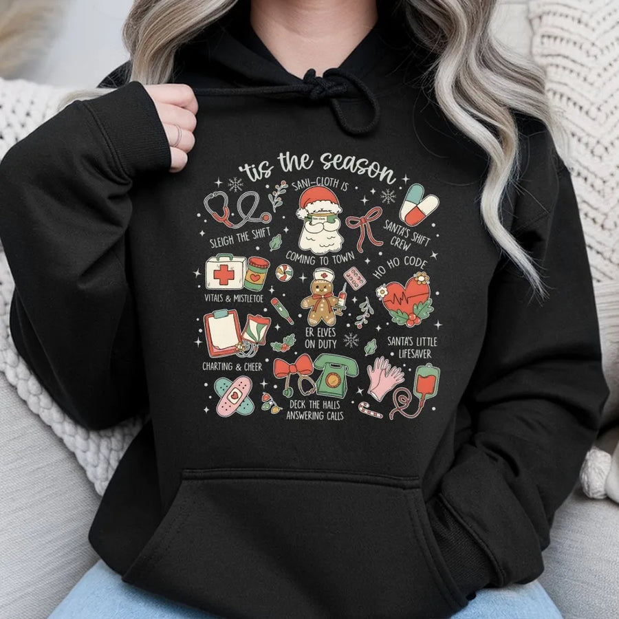 Nurse Christmas Hoodie | Cute Holiday Medical Icons Design | Soft Cotton-Poly Blend | Festive Healthcare Worker Gift For RN LPN CNA