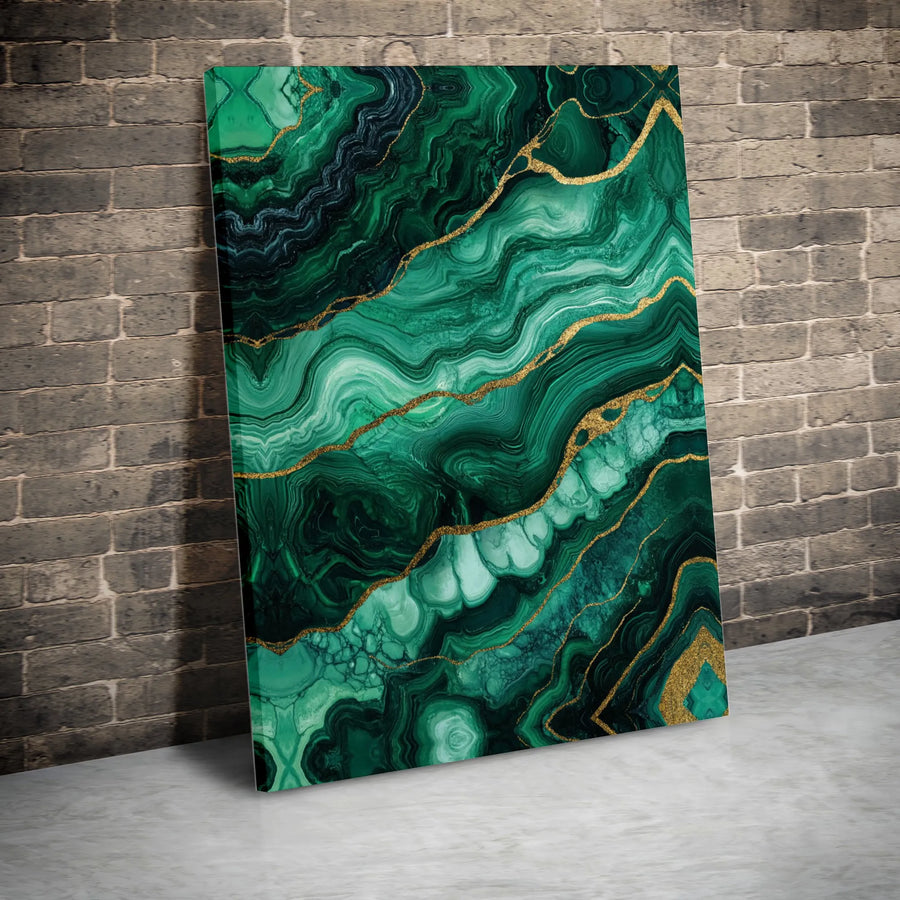 Emerald Green Malachite Wall Art | Abstract Agate With Gold Veins | Premium 1.25" Gallery Canvas | Elegant Home Office Decor