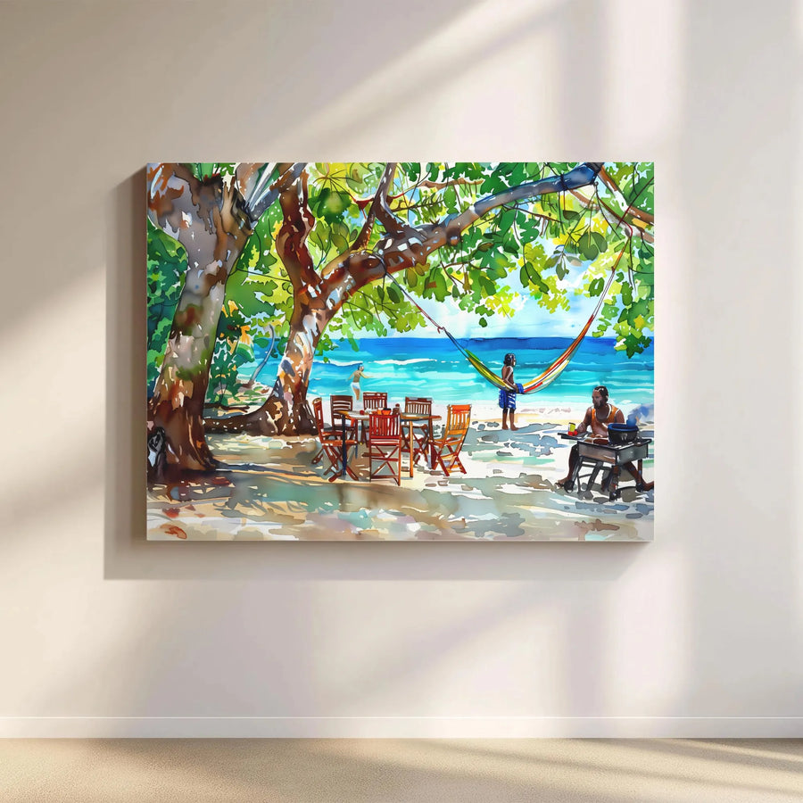 Tropical Beach Canvas Wall Art | Relaxing Hammock Picnic Watercolor Print | Gallery Wrapped Premium Decor | Summer Coastal Living Gift