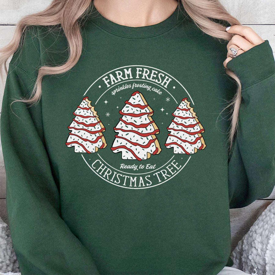 Farm Fresh Christmas Tree Cakes Sweatshirt | Retro Holiday Snack Graphic | Unisex Premium Cotton Blend | Funny Christmas Baking Gift