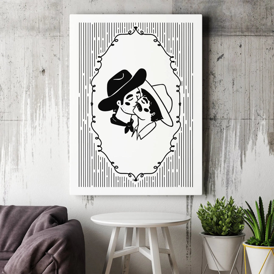 Kissing Cowboys Wall Art Canvas | Minimalist Western Line Drawing | Premium Gallery Wrap Print | Romantic LGBTQ Home Decor Gift