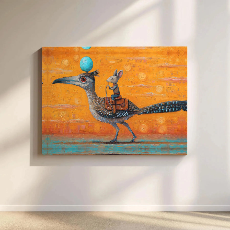 Whimsical Mouse Riding Roadrunner Horizontal Canvas | Surreal Desert Painting Style Print | Premium 1.25" Gallery Wrap | Unique Fantasy Art Gift for Living Room