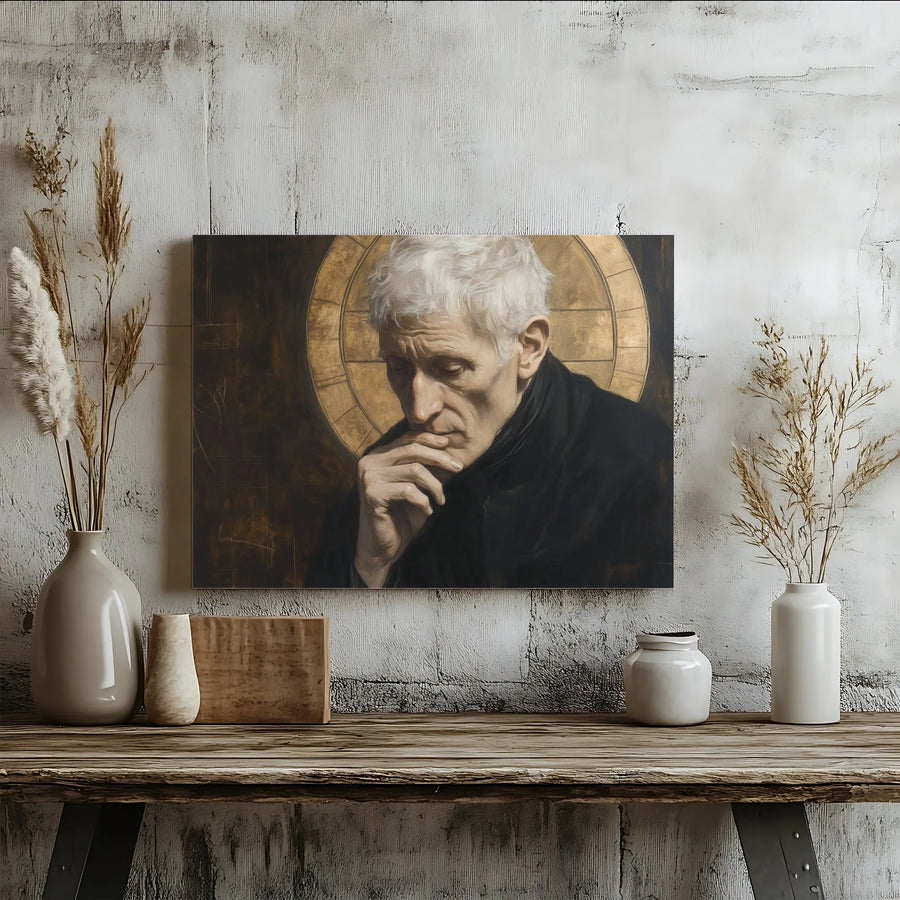Philosopher Portrait Canvas Print | Pensive Elderly Man with Gold Halo | Gallery Wrapped Premium Wall Art | Thoughtful Home Office Decor Gift