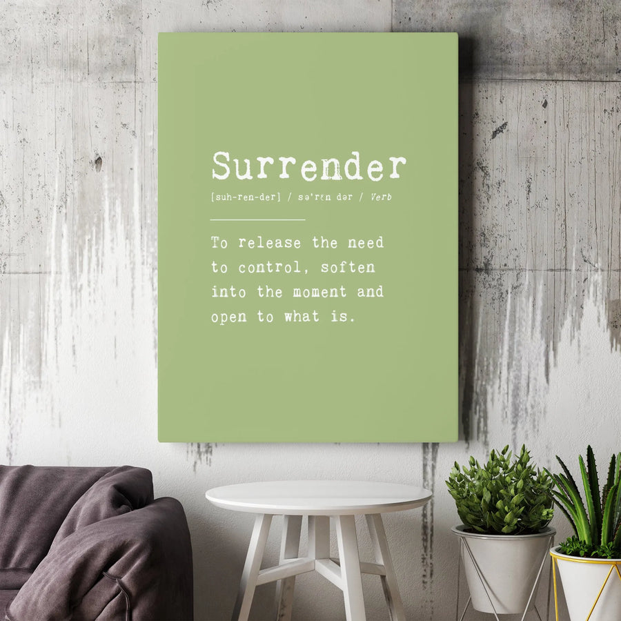 Surrender Definition Wall Art | Sage Green Minimalist Poster | Premium Gallery Wrapped Canvas | Inspirational Home Office Decor Gift