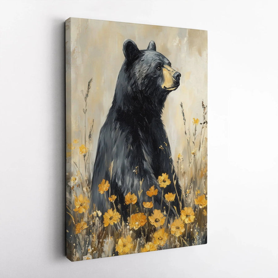 Black Bear Painting Vertical Canvas | Impressionist Wildlife Art with Yellow Wildflowers | Premium Gallery Wrap | Rustic Cabin Decor Gift for Nature Lover