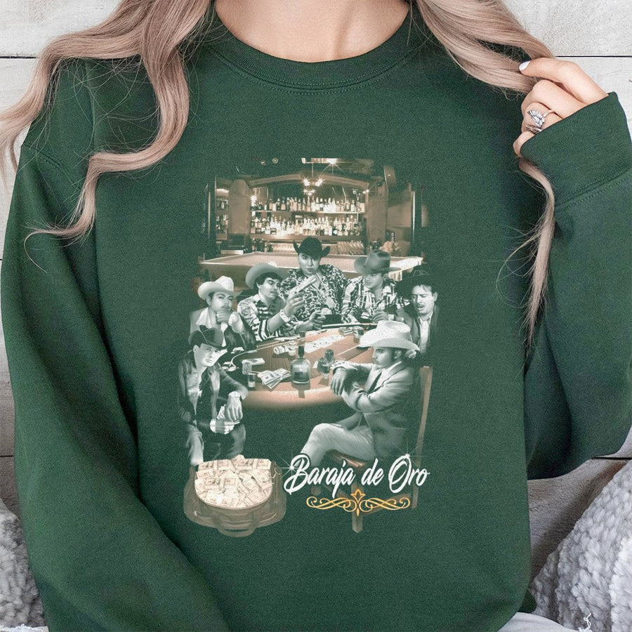 Baraja De Oro Sweatshirt | Mexican Cowboy Casino Graphic Print | Premium Cotton Blend Crewneck | Gift For Him Western Apparel