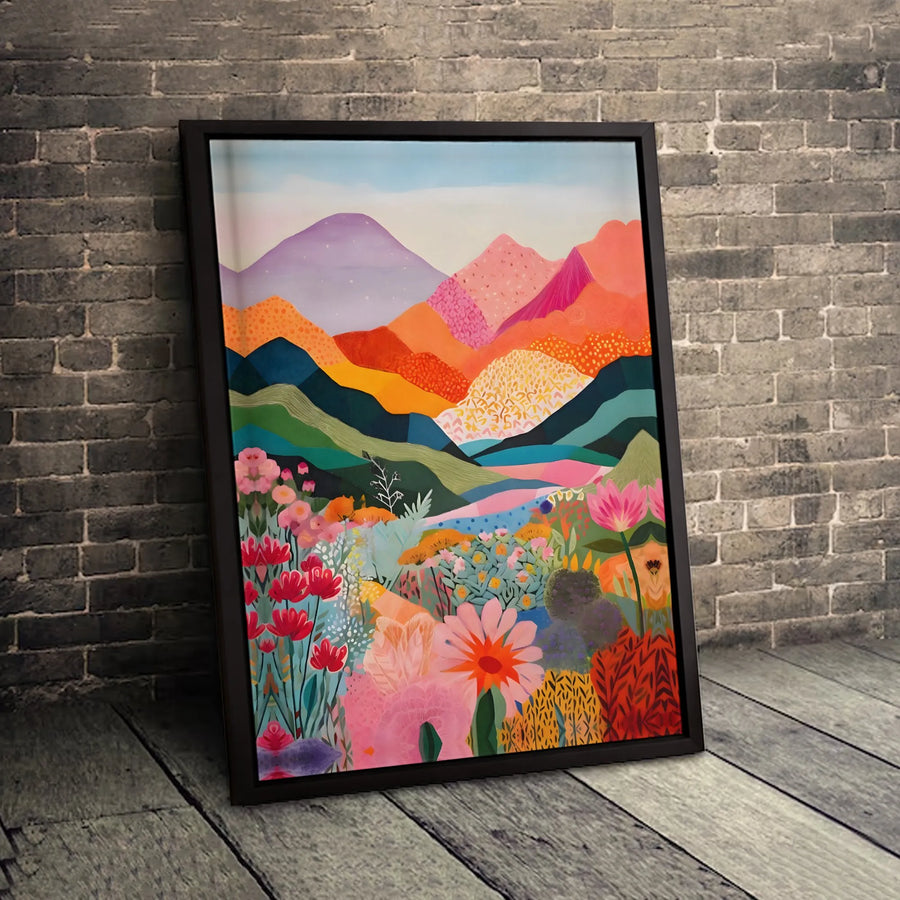 Colorful Mountain Landscape Canvas | Boho Wildflower Wall Art | Premium Gallery-Wrapped Print | Vibrant Nature Decor for Living Room