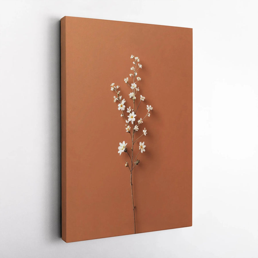 Minimalist Floral Canvas Print | White Wildflower Botanical Art | Premium Stretched Gallery Wrap | Modern Terracotta Home Decor Wall Art