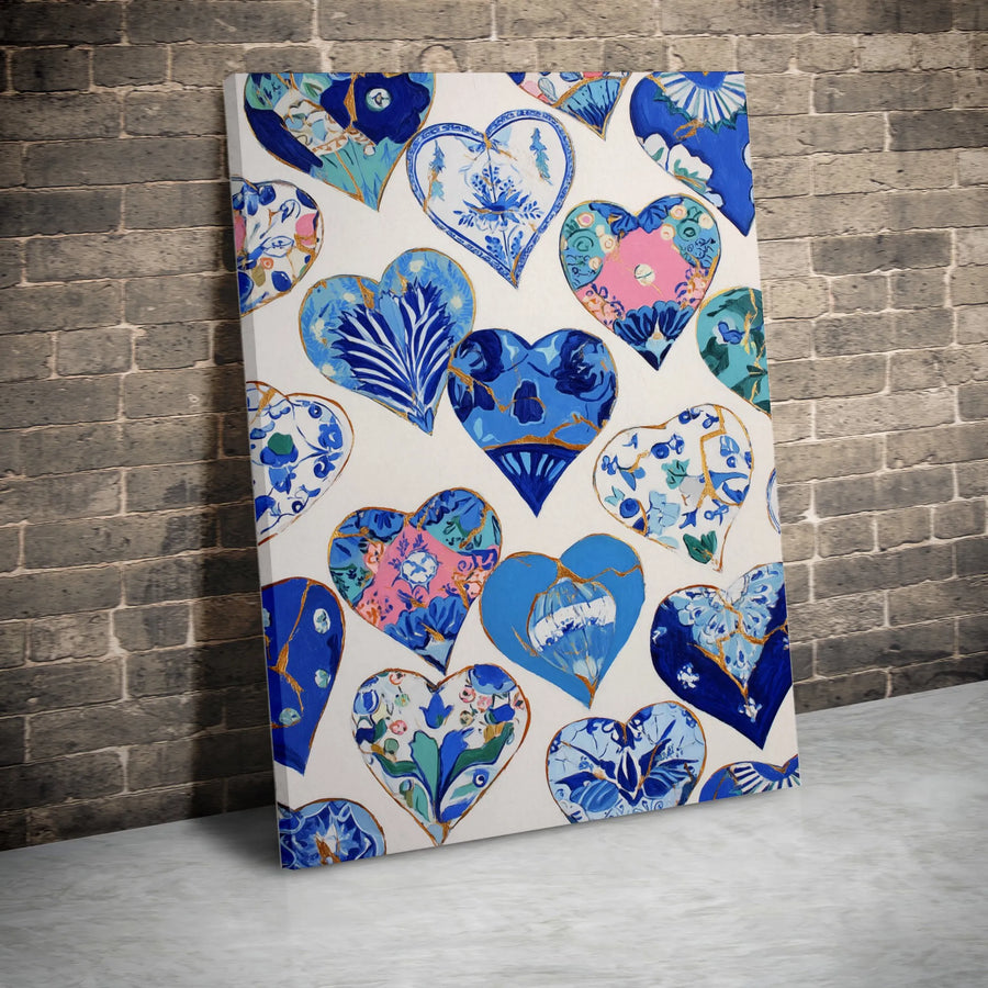 Chinoiserie Heart Wall Art | Blue and White Floral Canvas Print | Kintsugi Gold Accent Decor | Premium Gallery Wrap Gift for Home
