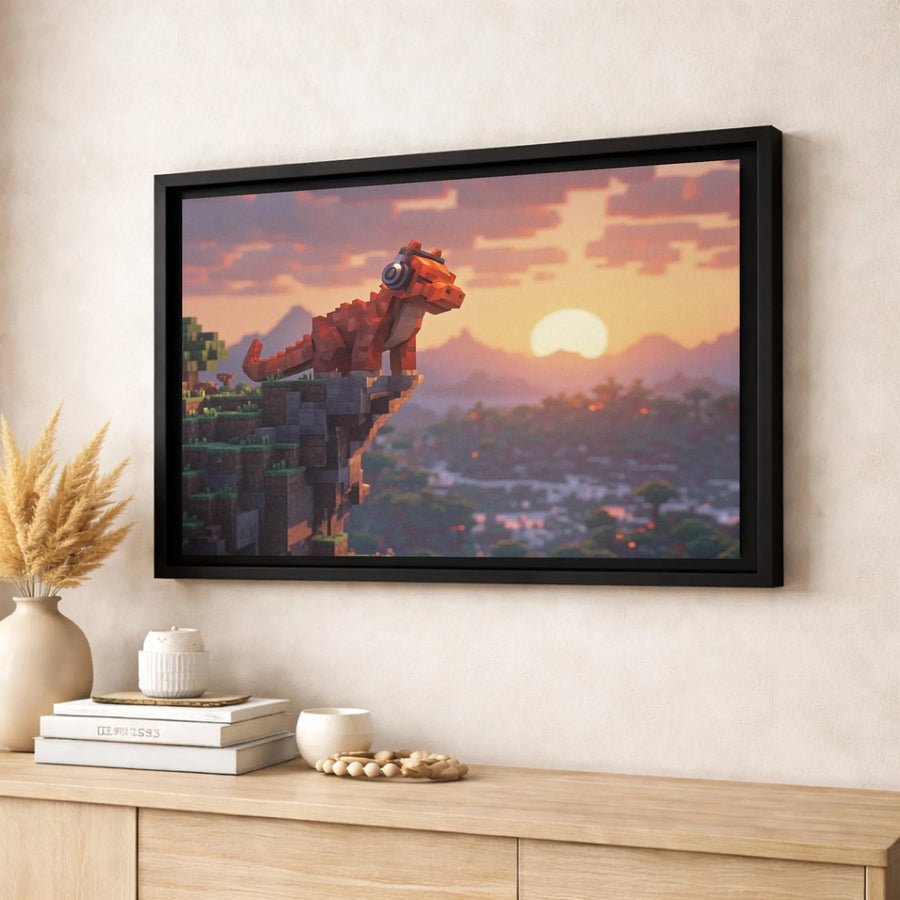 Pixel Dinosaur Art Canvas | Retro Gaming Sunset Illustration | Premium Gallery Wrapped Print | Gamer Room Decor Gift for Kids and Teens