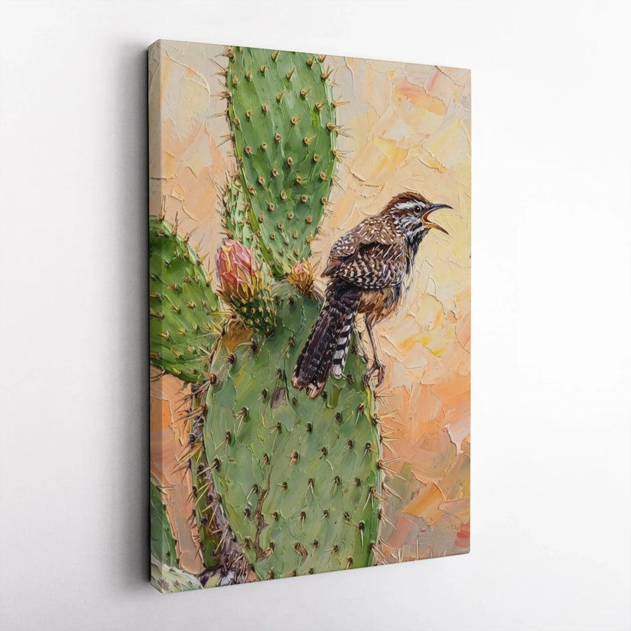 Cactus Wren Canvas Wall Art | Textured Bird Painting Style Print | Thick Gallery Wrap Canvas | Southwestern Desert Decor Gift for Nature Lover