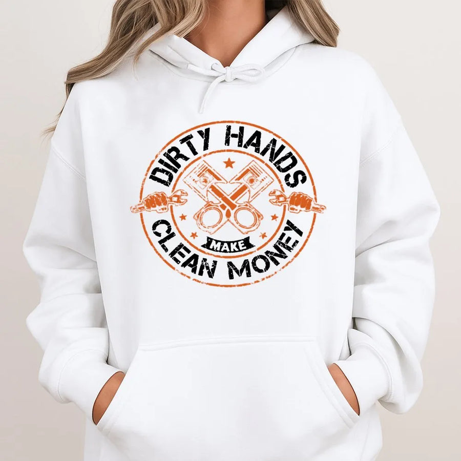 Dirty Hands Clean Money Hoodie | Mechanic Auto Repair Gift | Premium Cotton Blend | Funny Car Guy Garage Apparel For Working Dad