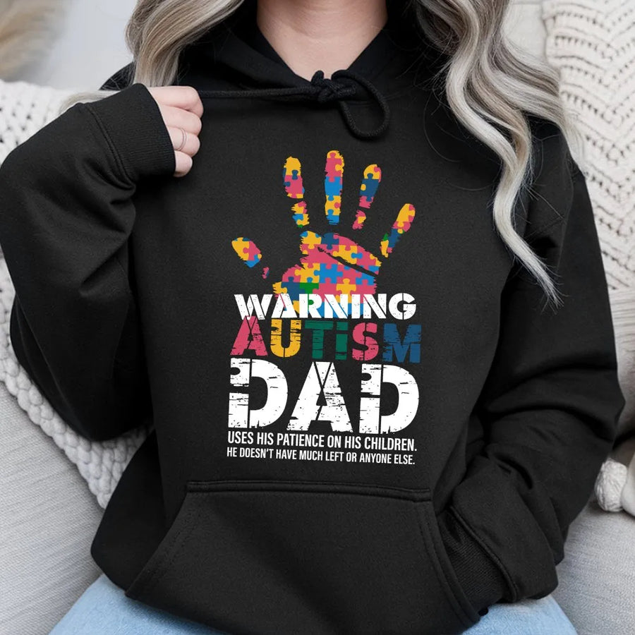 Autism Dad Hoodie | Warning Puzzle Handprint Graphic | Premium Cotton Tee | Special Needs Parent Awareness Gift