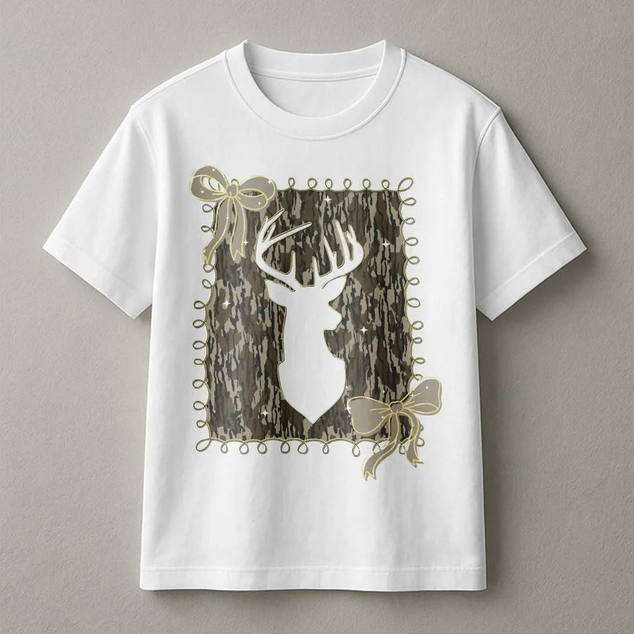 Deer Head Camo T-Shirt | Rustic Bow Graphic Design | 100% Cotton Premium Tee | Country Girl Hunting Gift for Outdoorswomen