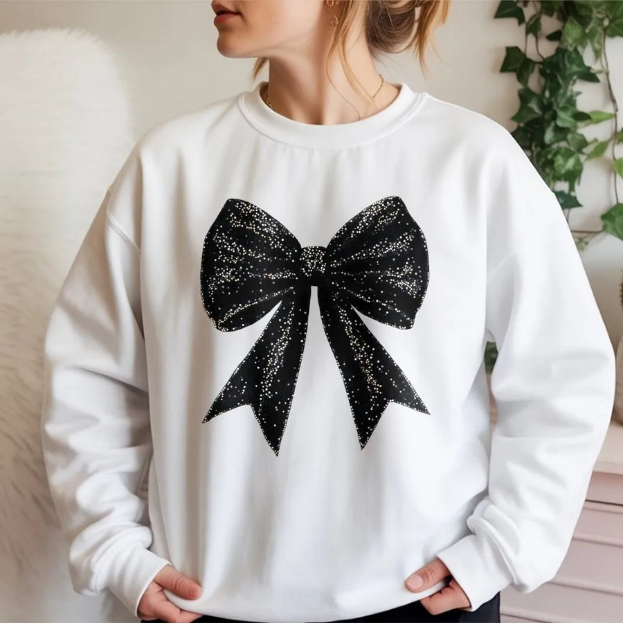 Coquette Bow Sweatshirt | Glitter Black Ribbon Graphic | Premium Cotton Blend Crewneck | Trendy Aesthetic Soft Girl Gift for Her