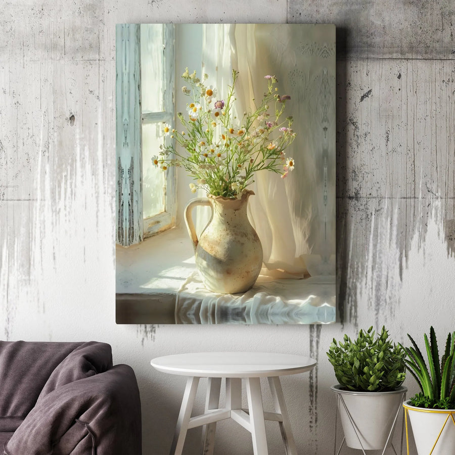Wildflower Vase Canvas Wall Art | Sunlit Window Still Life Photography | Premium Gallery Wrapped Print | Farmhouse Kitchen Decor Gift