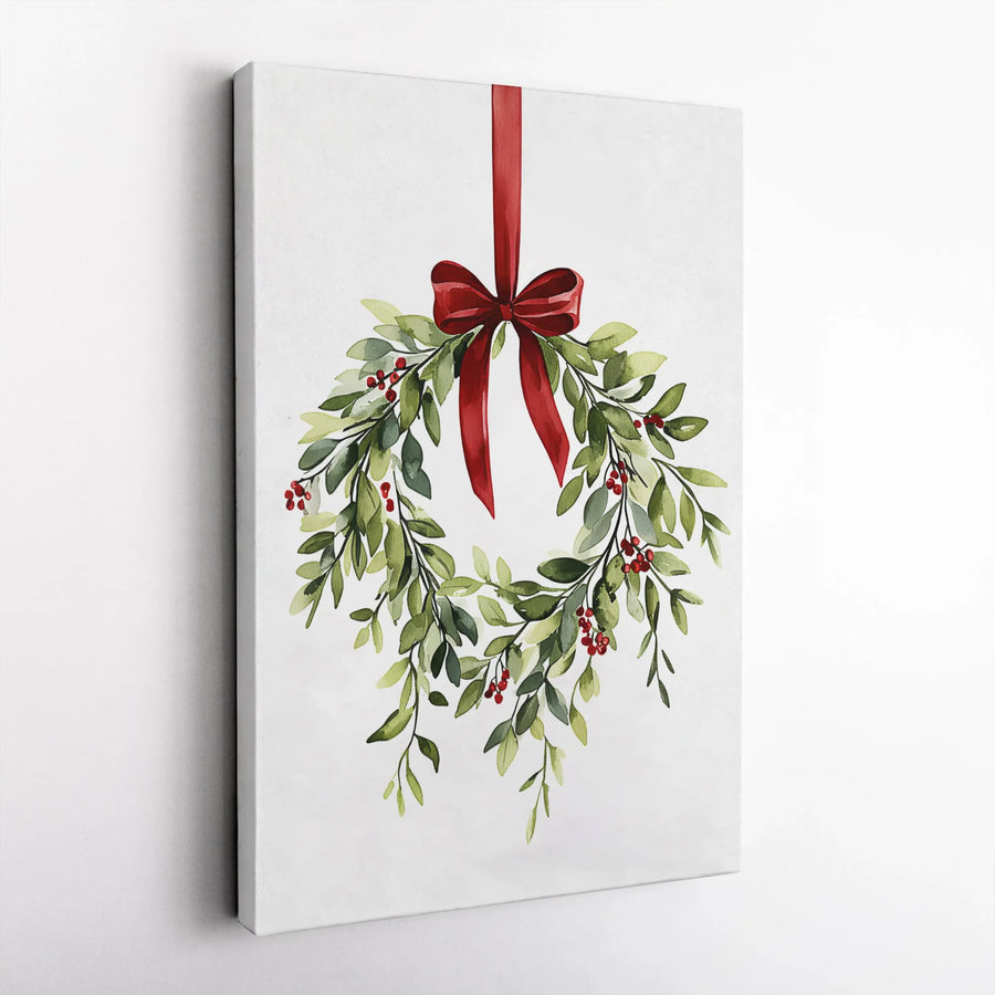 Watercolor Christmas Wreath Canvas Art | Festive Red Bow And Holly Berries | Gallery-Quality 1.25-Inch Profile | Holiday Wall Decor Gift