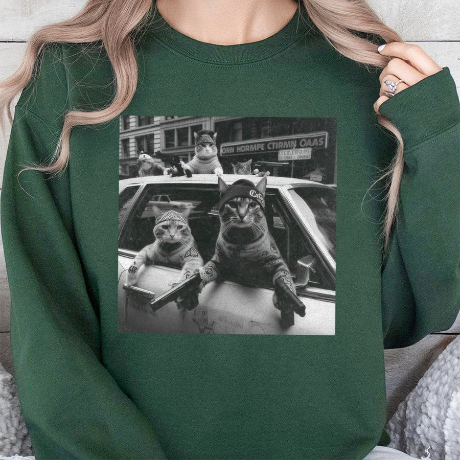 Funny Cat Gang Sweatshirt | Retro Streetwear Graphic Design | Premium Cotton-Poly Blend | Humorous Meme Apparel Gift for Cat Lovers
