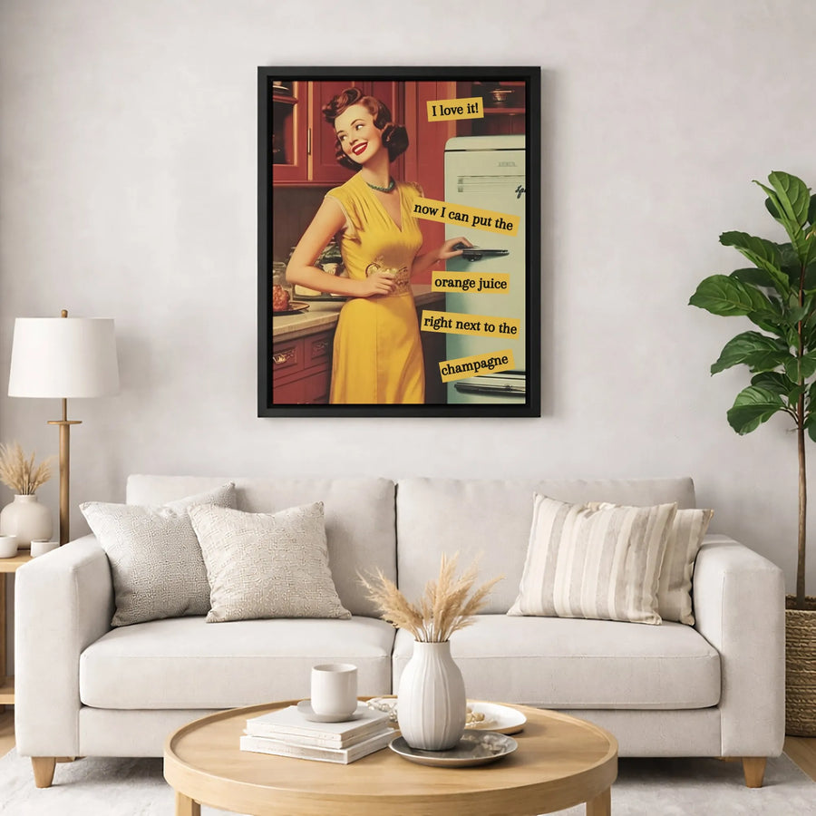 Retro Housewife Wall Art | Champagne and Orange Juice Funny Kitchen Quote | 1.25 Inch Premium Canvas | Gift for Home Decor Enthusiasts
