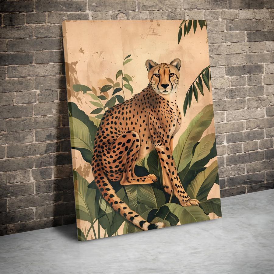 Vintage Cheetah Vertical Canvas | Jungle Botanical Illustration | Premium Thick Gallery Wrap | Safari Themed Living Room Decor Gift