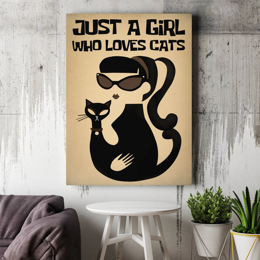 Just A Girl Who Loves Cats Canvas Wall Art | Retro Mid-Century Modern Illustration | Premium 1.25" Gallery Wrap | Unique Cat Lover Home Decor Gift