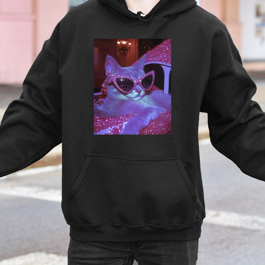 Cool Cat Graphic Hoodie | Trendy Retro Pink Sunglasses Kitten Design | Premium Soft Cotton Blend | Unique Gift for Cat Lovers & Streetwear Fans