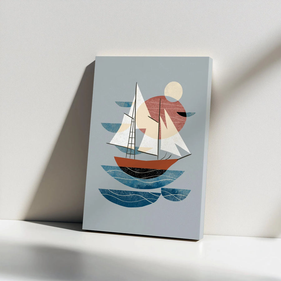 Mid Century Modern Sailboat Canvas Print | Abstract Geometric Boat Illustration | Thick 1.25" Gallery Wrap | Premium Gift for Coastal Home Decor