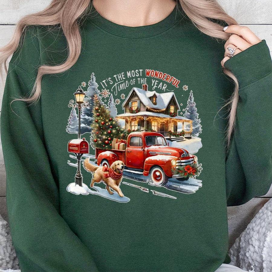 Christmas Golden Retriever Sweatshirt | Vintage Red Truck Winter Scene | Premium Cotton Blend | Holiday Gift For Dog Lovers