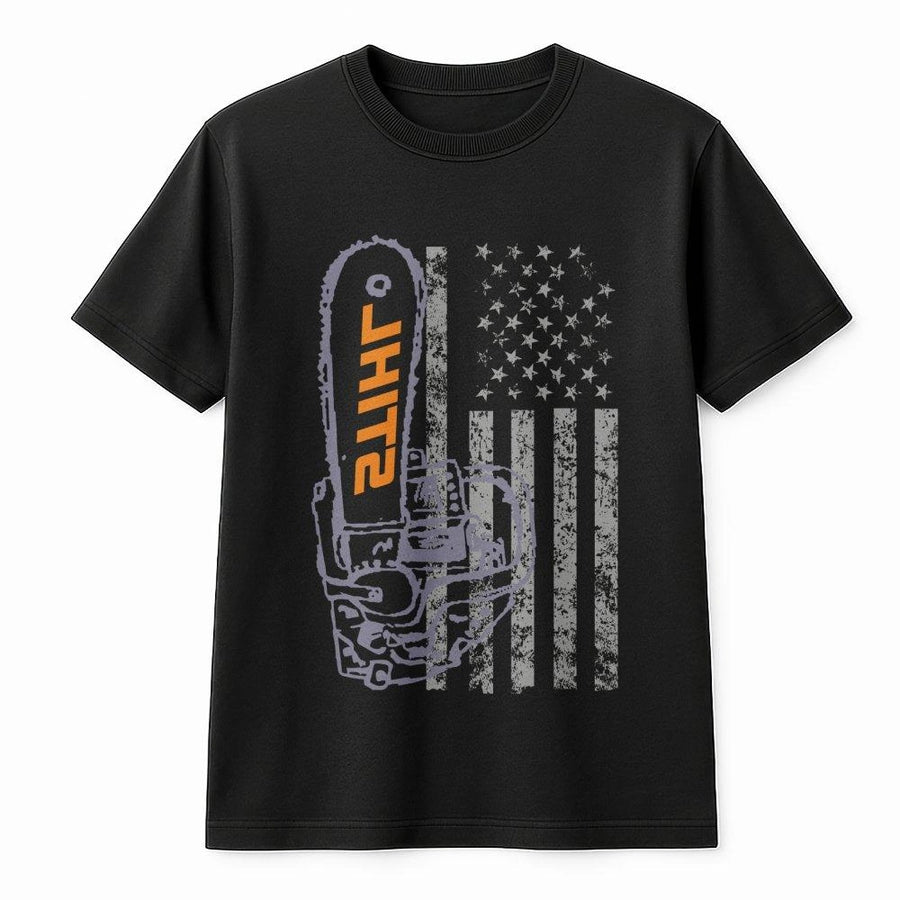 Chainsaw Flag T-Shirt | Patriotic Logger Graphic Tee | Premium 100% Cotton Apparel | Gift for Arborist Mechanic Dad