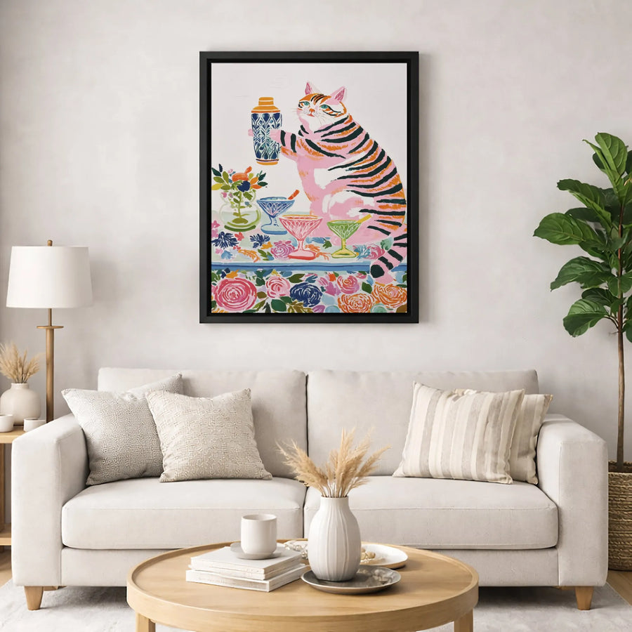 Pink Tiger Cat Canvas Wall Art | Whimsical Bartender With Cocktail Shaker | Premium Gallery-Wrapped Print | Unique Home Bar Decor Gift